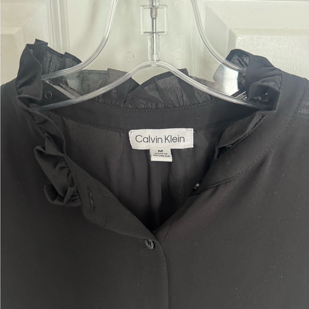 Calvin Klein Black Ruffle-Neck Button Blouse